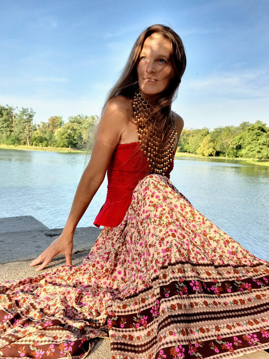 BOHO MAXI SUKNĚ BÉŽOVÁ S BORDUROU